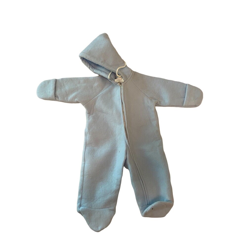 Quiltex Vintage Baby Snowsuit Blue Footed Hooded Bunting Union Made USA